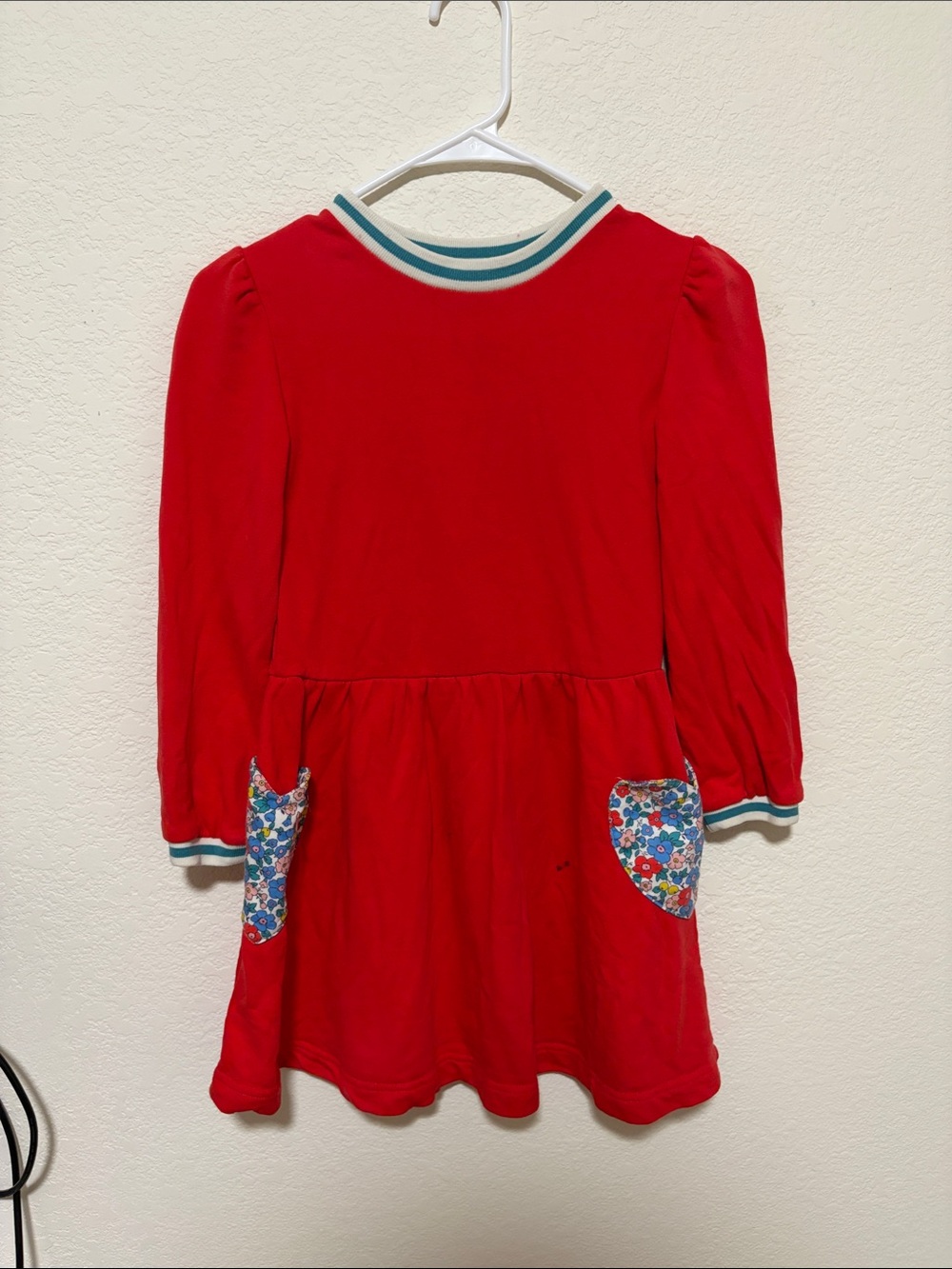 Mini Boden Red Long-Sleeve Dress with Floral Pockets